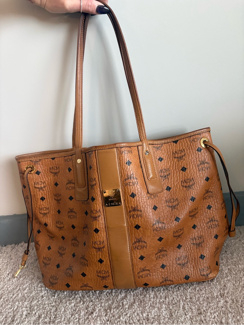 MCM Cognac Visetos Brown Logo Leather Tote